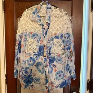 POL Blue Floral Lace Button Down Shirt